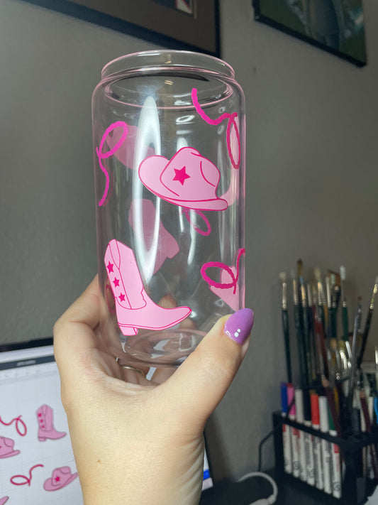 Pink Star Cowboy / Cowgirl Glass Cup