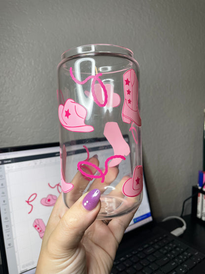 Pink Star Cowboy / Cowgirl Glass Cup