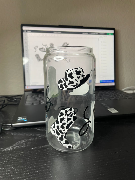 Cow Print Cowboy / Cowgirl Glass Cup